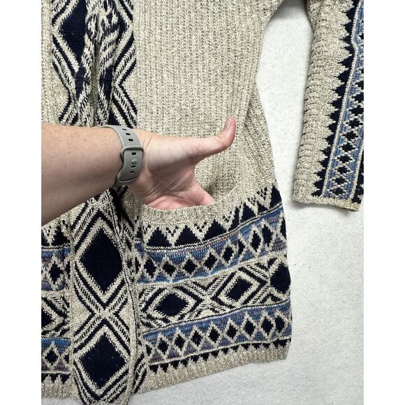 Lucky Brand Cardigan Sweater Womens Medium Beige Tribal Southwestern Open Front - Picture 5 of 8